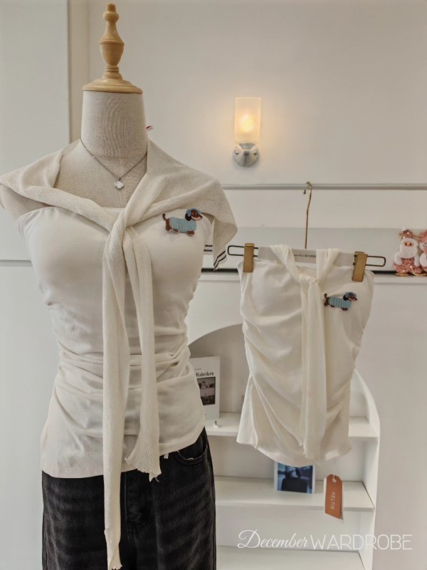 腊肠犬刺绣无肩带围巾上衣